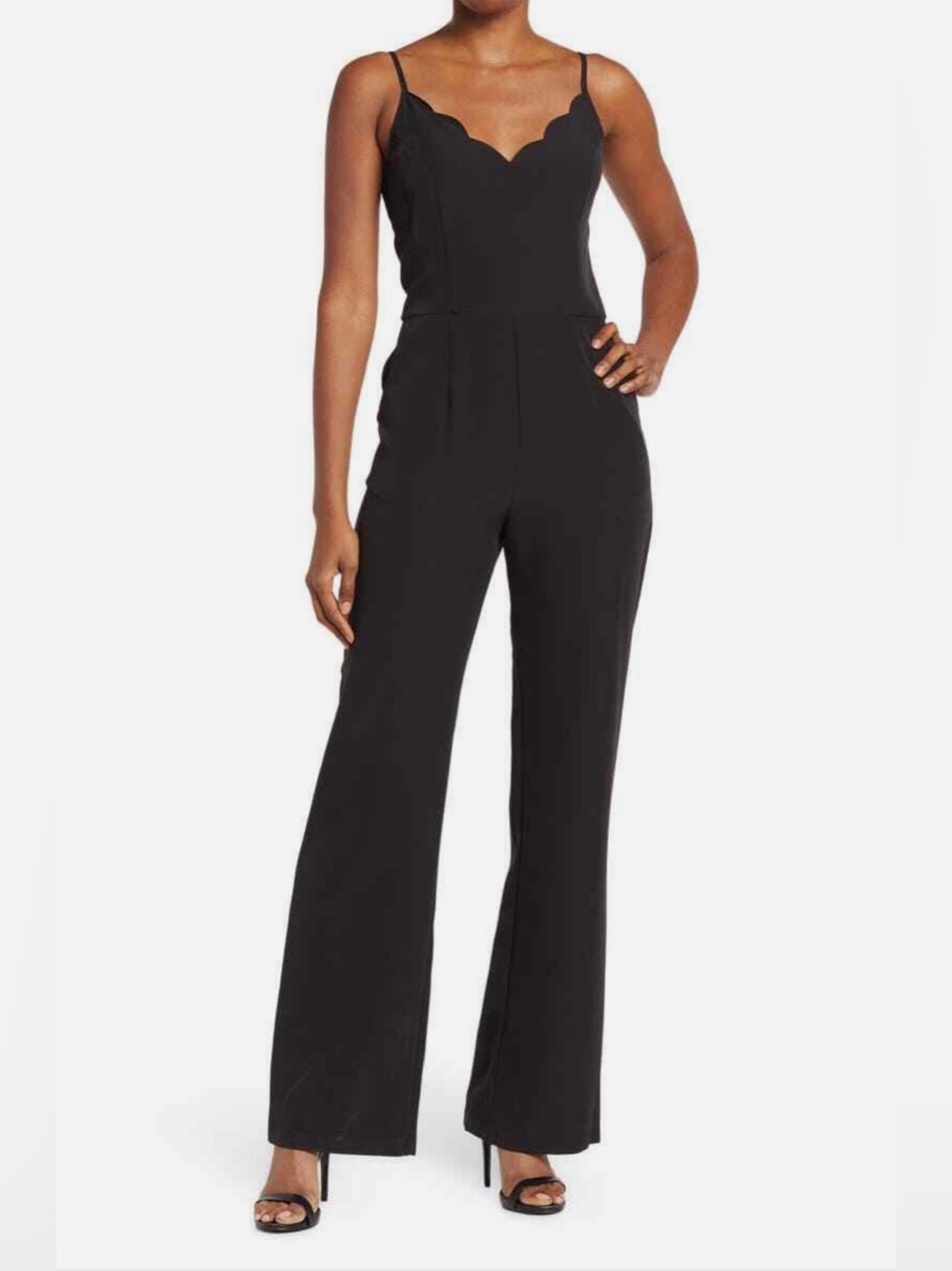 Socialite Black Scallop-Edge Jumpsuit with Wide Leg and Pockets